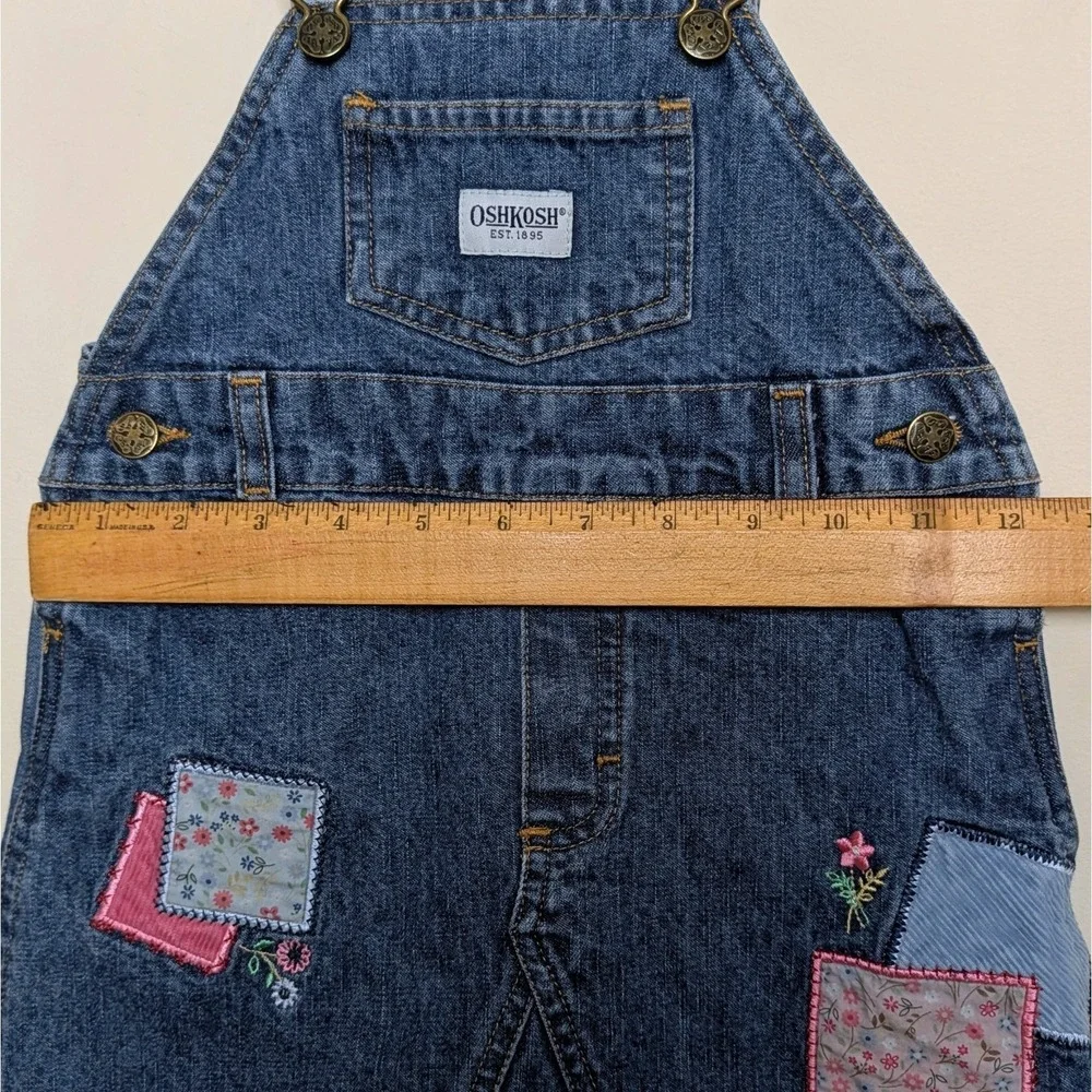 Oshkosh B'gosh Girls Vintage Y2K Denim Patchwork Bib Overalls Jumper Size 2T